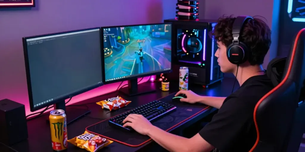 Player engrossed in akunjp gaming setup with neon lights and vibrant screens.