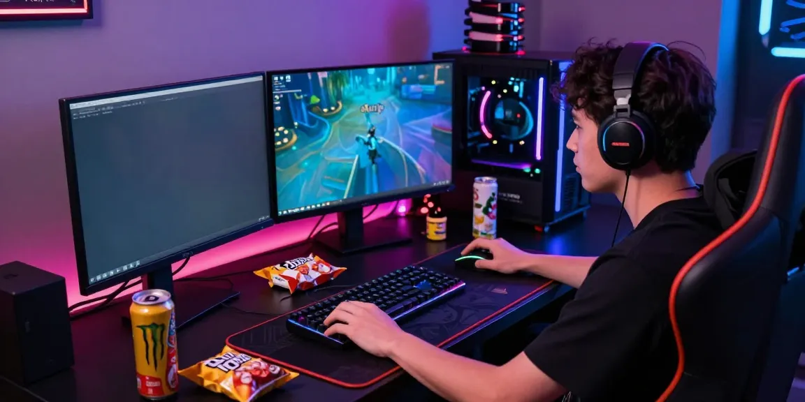 Player engrossed in akunjp gaming setup with neon lights and vibrant screens.