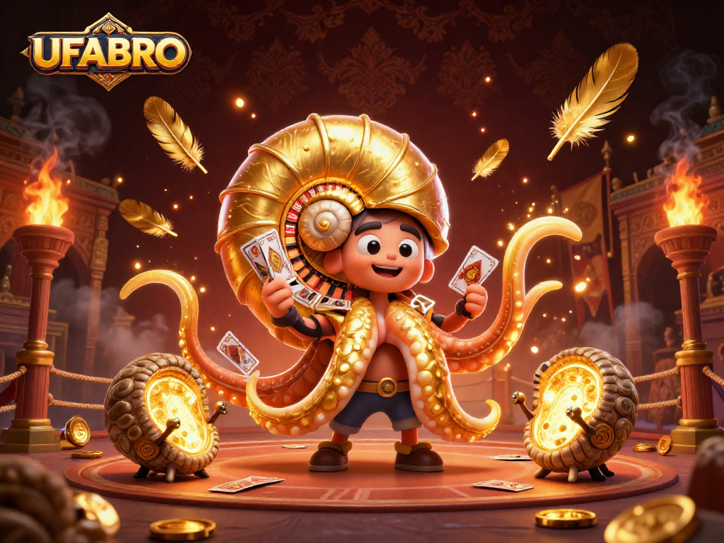 Engage with thrilling casino betting at UFABRO featuring a giant roulette nautilus and glowing tokens.