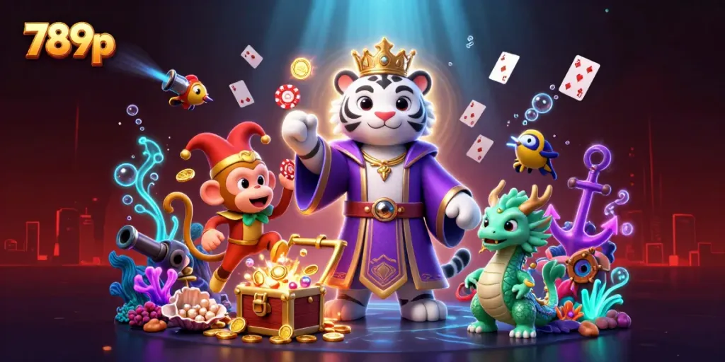 Experience the vibrant thrill of 789p with a royal tiger and lively characters, immersed in rich casino elements.