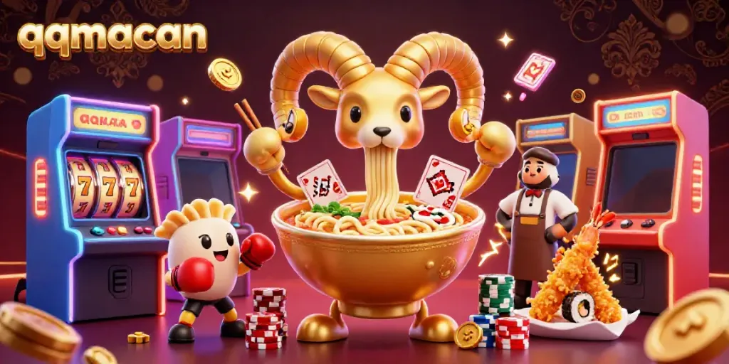 Engage in thrilling games at qqmacan with vibrant arcade machines, animated characters, and sparkling casino elements.