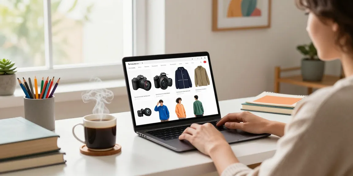Benihtoto online shopping experience with a person browsing products in a cozy home setting.