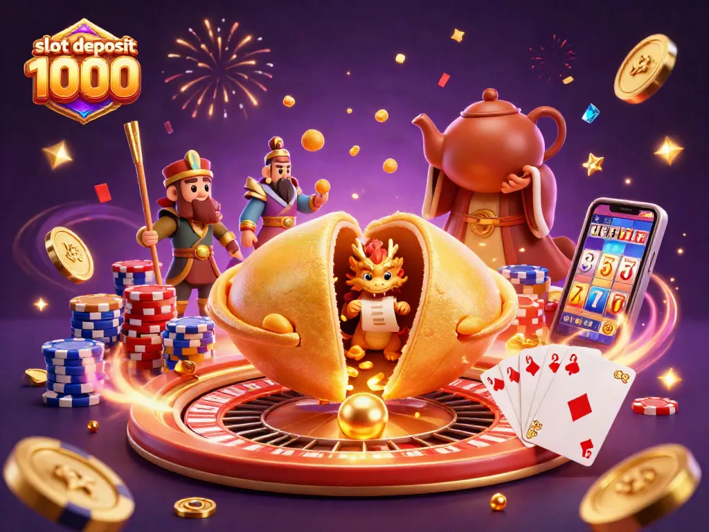 Engage with the slot deposit 1000 scene, featuring a golden fortune cookie and playful characters.