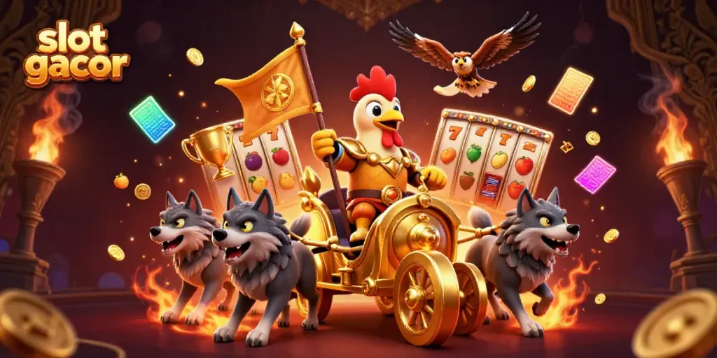 Slot gacor yang menarik, dengan karakter perang ayam dan chariot emas di dunia kasino.