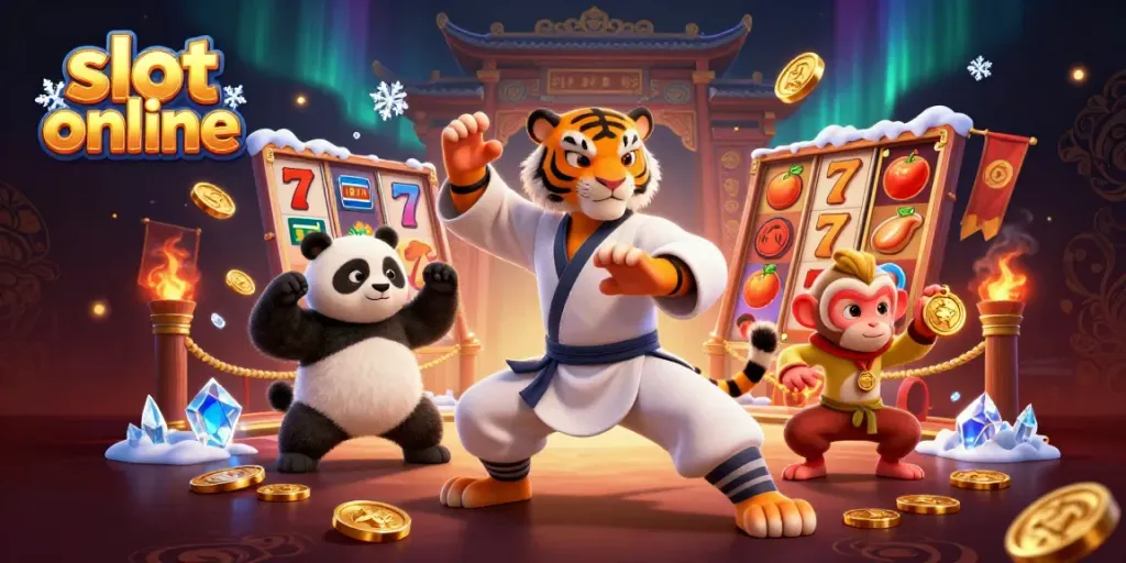Experience slot online action with a cartoon tiger master and panda in a vibrant casino scene.