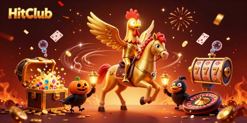 HitClub casino illustration showcasing vibrant 3D characters and exciting gaming elements in action.
