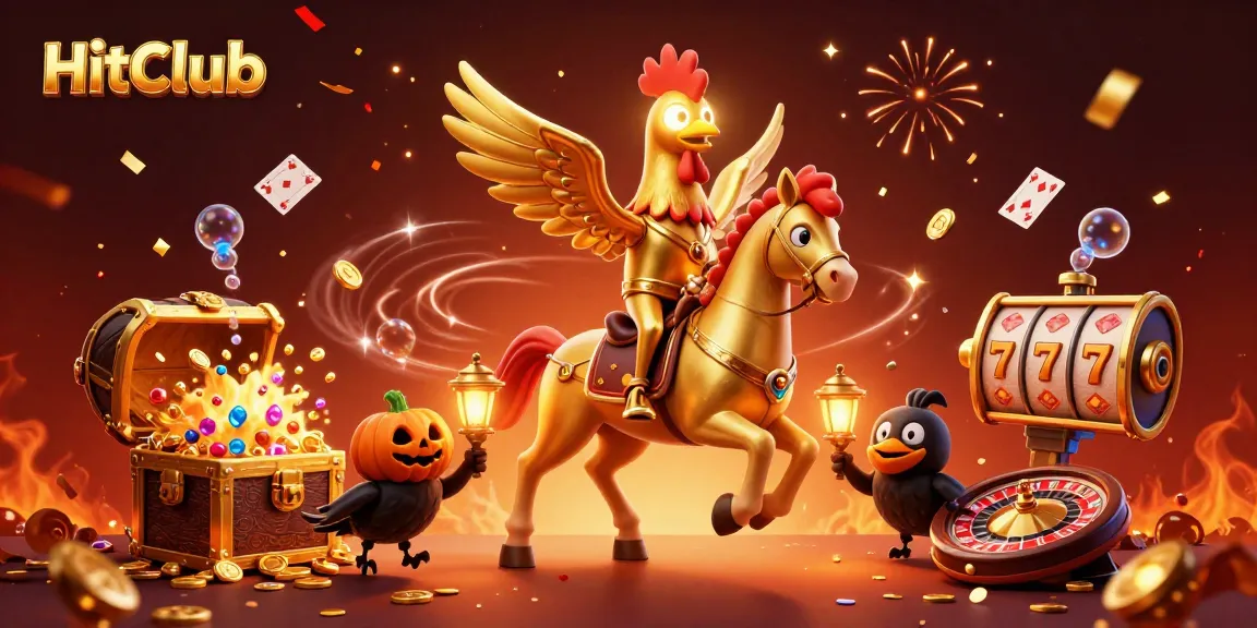 HitClub casino illustration showcasing vibrant 3D characters and exciting gaming elements in action.