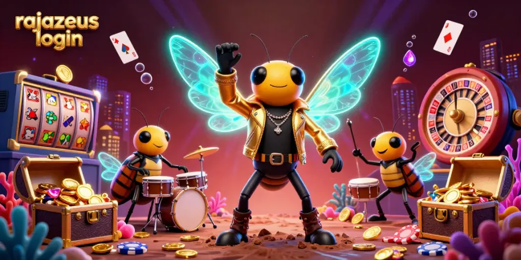 Ilustrasi 3D cicada rock star muncul dengan tema kasino dan logo rajazeus login di sudut kiri atas.