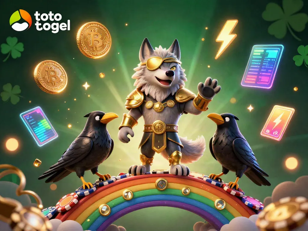 Experience the exhilarating toto togel realm with a mythical Odin wolf, ravens, and vibrant casino elements.