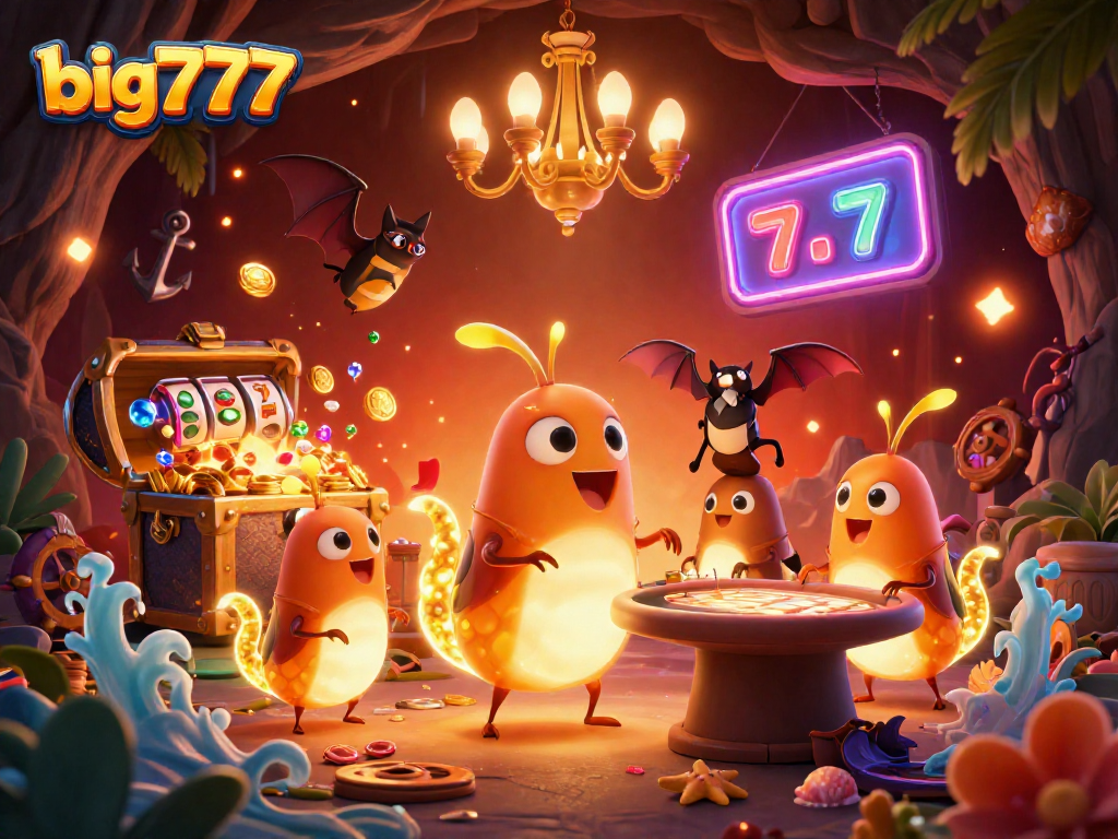 Experience big777 excitement with glowworms illuminating a vibrant cave casino scene