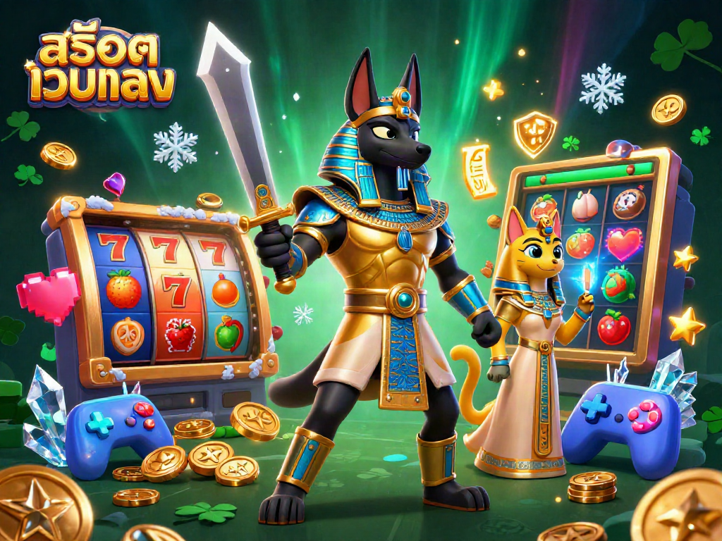 Engage with สล็อตเว็บตรง in a vibrant scene featuring Anubis and Bastet amidst colorful slot machines and glowing symbols.