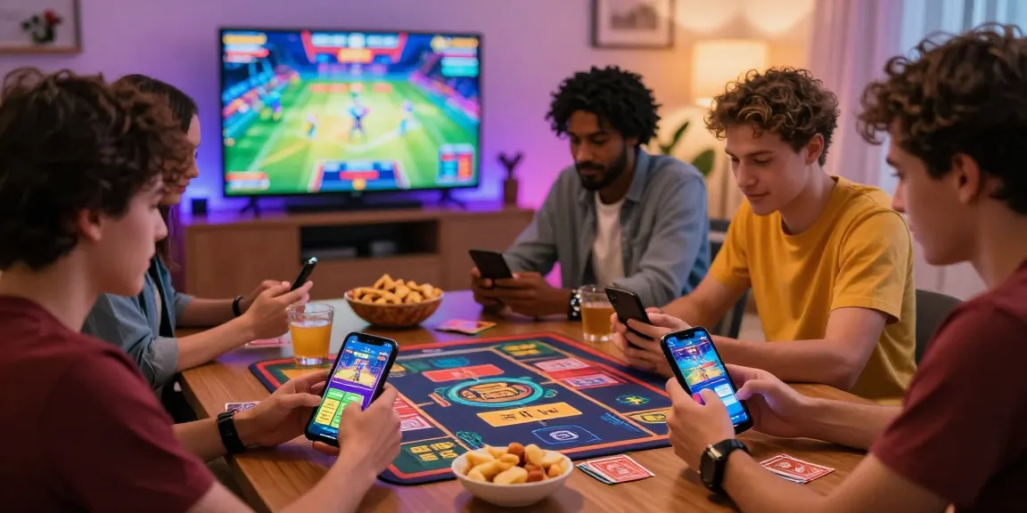 Friends enjoying a casino app in a vibrant living room, showcasing mobile games and social interaction.