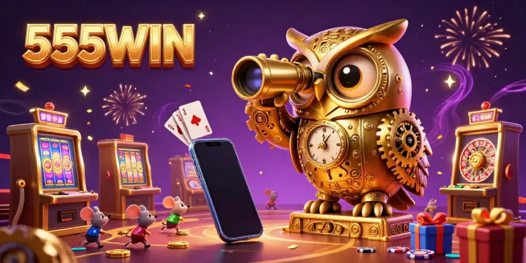 Set your sights on winnings with 555WIN, featuring a whimsical casino scene full of slot machines and animated characters.