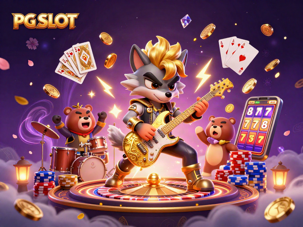 Engage with PG SLOT on a vibrant 3D casino stage filled with dynamic characters and gaming elements.