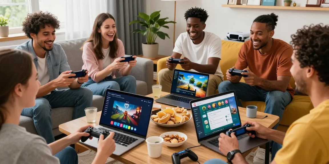 Engaged players enjoying yono games on smartphones in a cozy living room setting.