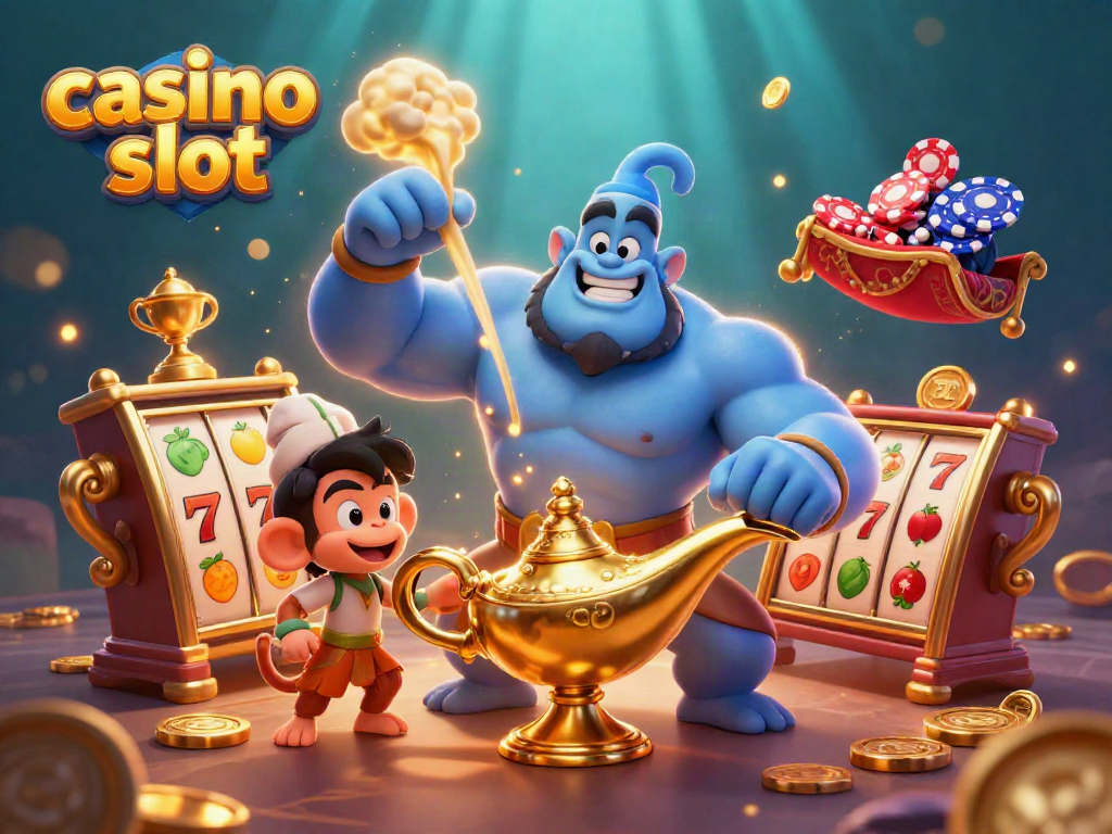 Engage with dynamic casino slot action, featuring a genie and monkey in an exciting colorful scene.