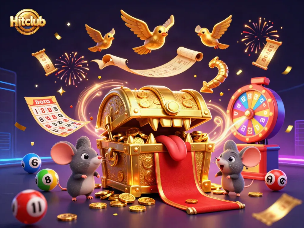 Hitclub offers dynamic gameplay featuring lottery balls, golden tickets, and prize wheels in a vibrant scene.