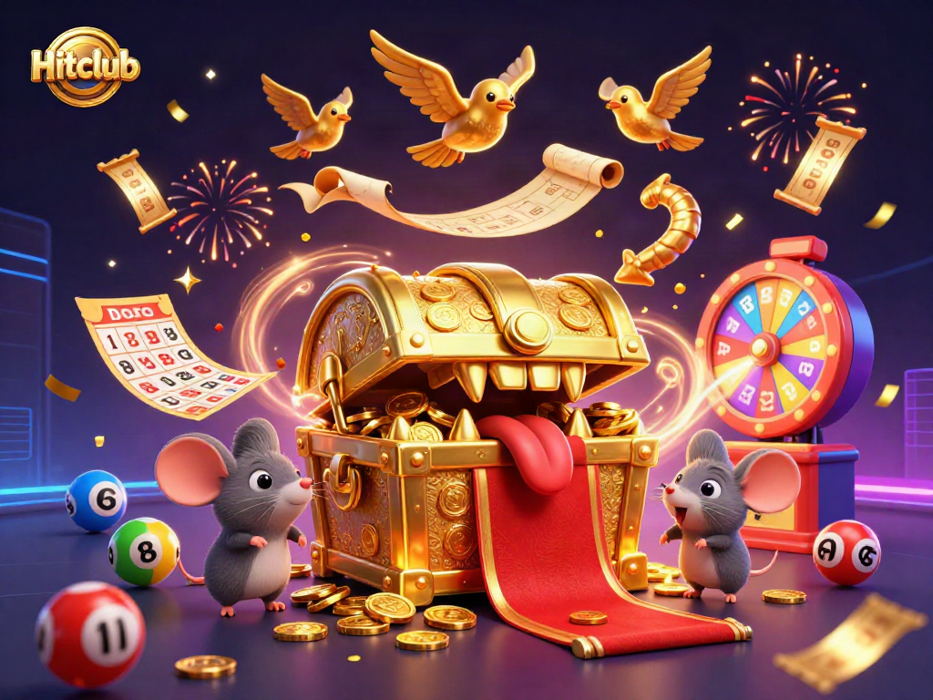 Hitclub offers dynamic gameplay featuring lottery balls, golden tickets, and prize wheels in a vibrant scene.