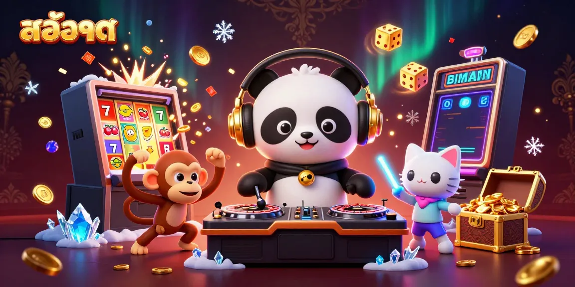Experience the thrill of สล็อต with this dynamic 3D scene featuring a DJ panda and a breakdancing monkey.