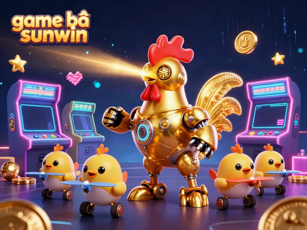 Engage with game bài sunwin, showcasing an animated golden rooster robot and baby chick drones in a vibrant gaming scene.