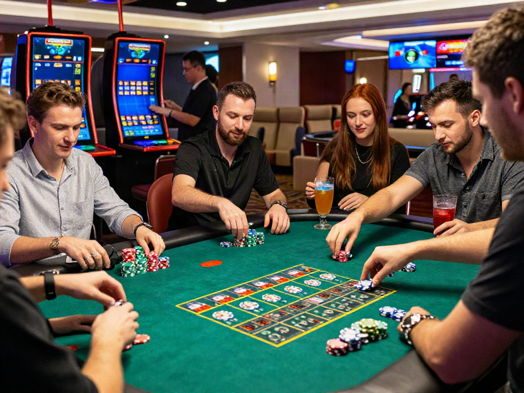 Exciting unsurtoto gaming scene with friends at a vibrant casino table.