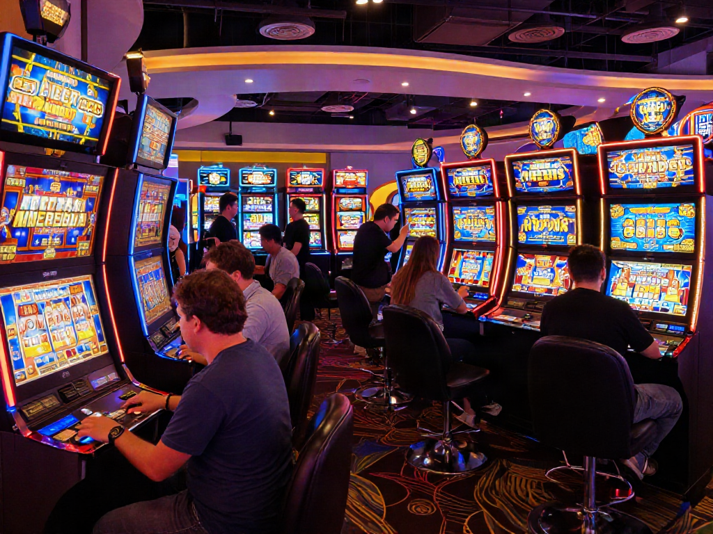 Lucky777 casino gaming scene with vibrant slot machines and excited players.
