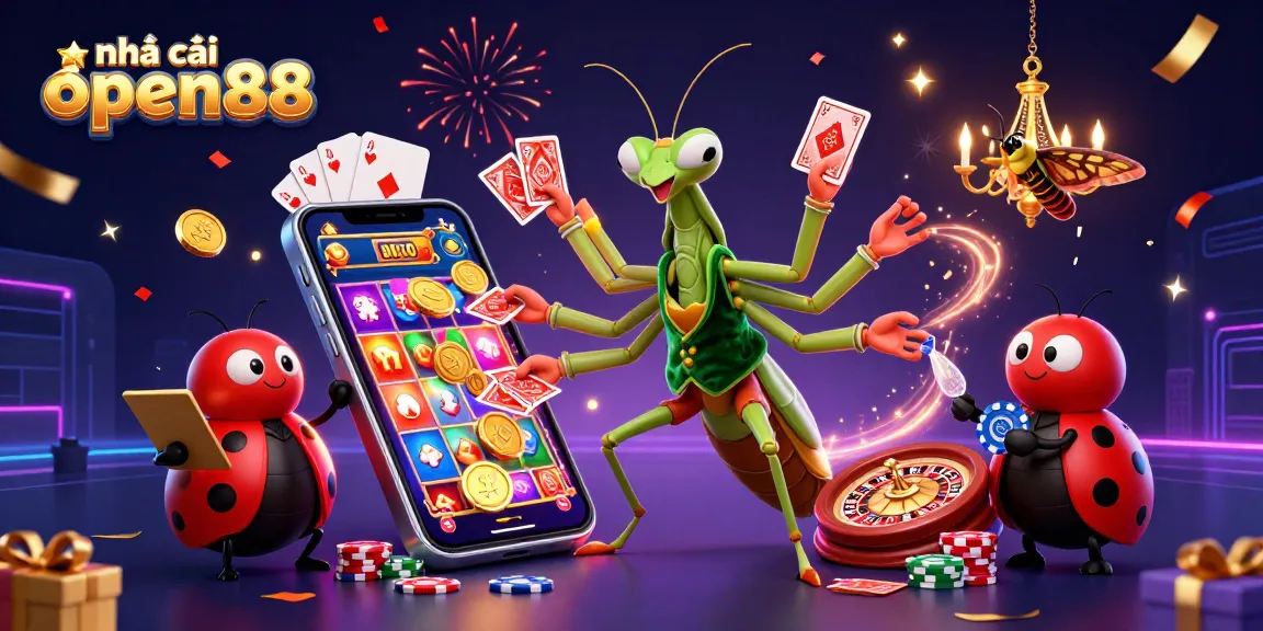 Experience the vibrant world of nhà cái open88 as cartoon characters celebrate with games and excitement.