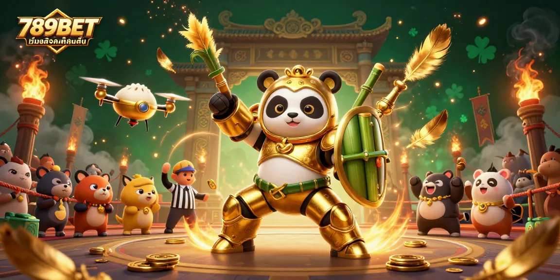 ภาพการ์ตูน 3 มิติของหมีแพนด้าทองในชุดเกราะกำลังนำหุ่นยนต์สไตล์ไม้ไผ่ในการต่อสู้พร้อมคำว่า 789BET เว็บสล็อตเล่นลื่น