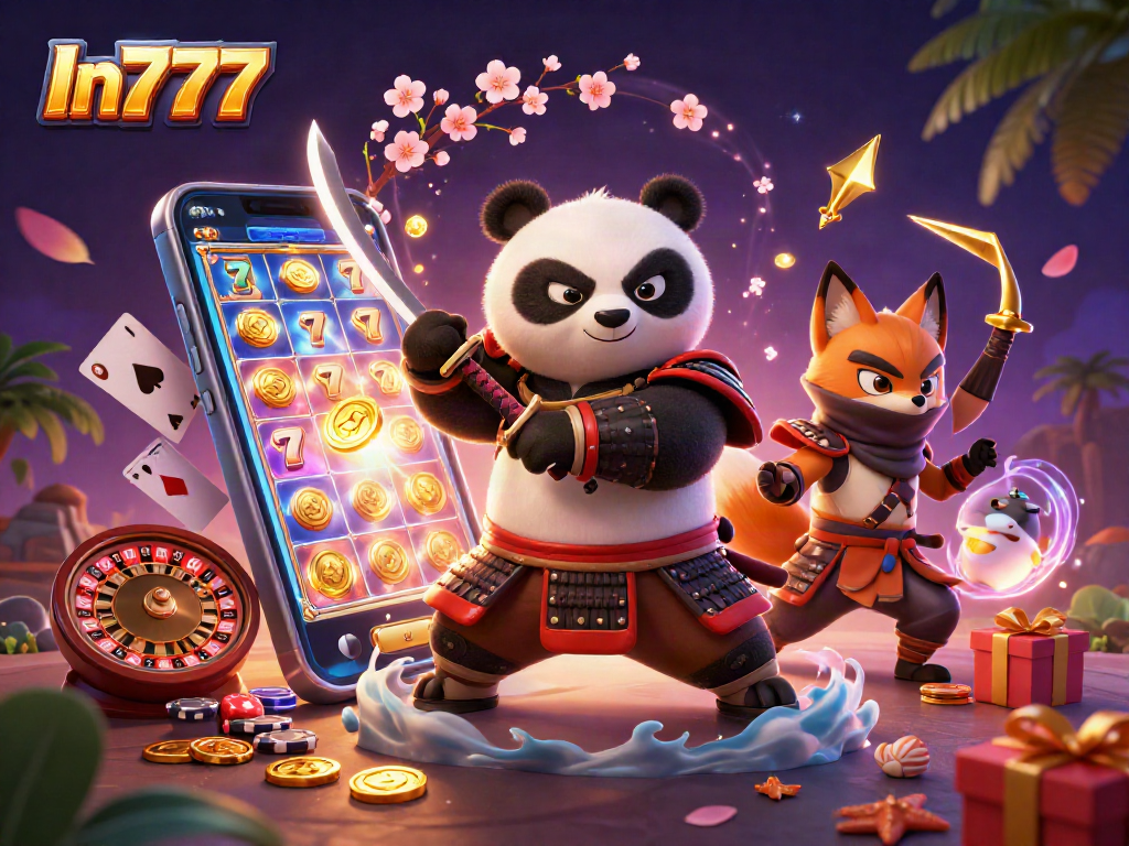 Experience In777 excitement with a fierce panda samurai and fantasy elements in an action-packed gambling scene.