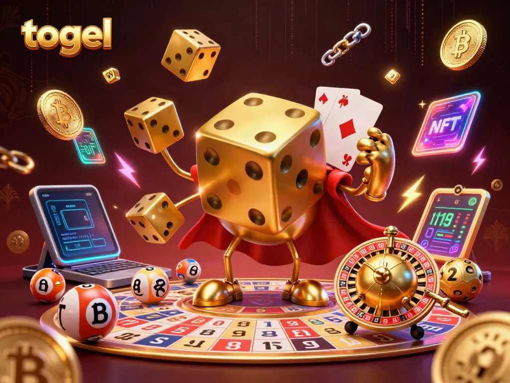 Engage in togel with vibrant lottery elements and a playful 3D golden dice character.