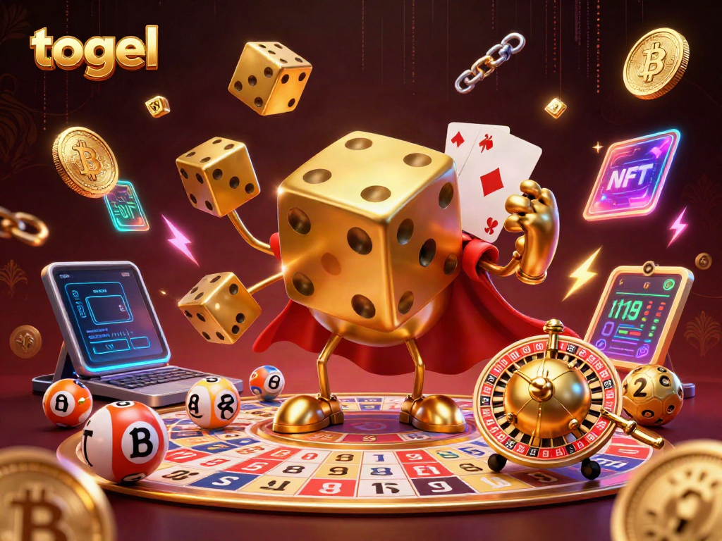 Engage in togel with vibrant lottery elements and a playful 3D golden dice character.