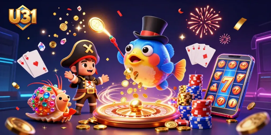U31 casino scene featuring glowing anglerfish and pirate shrimp amidst lively gaming elements, attracting excitement.