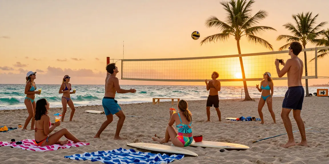 Teman-teman bermain voli pantai di Miami saat senja, menampilkan kebahagiaan di https://miami4d.com/.