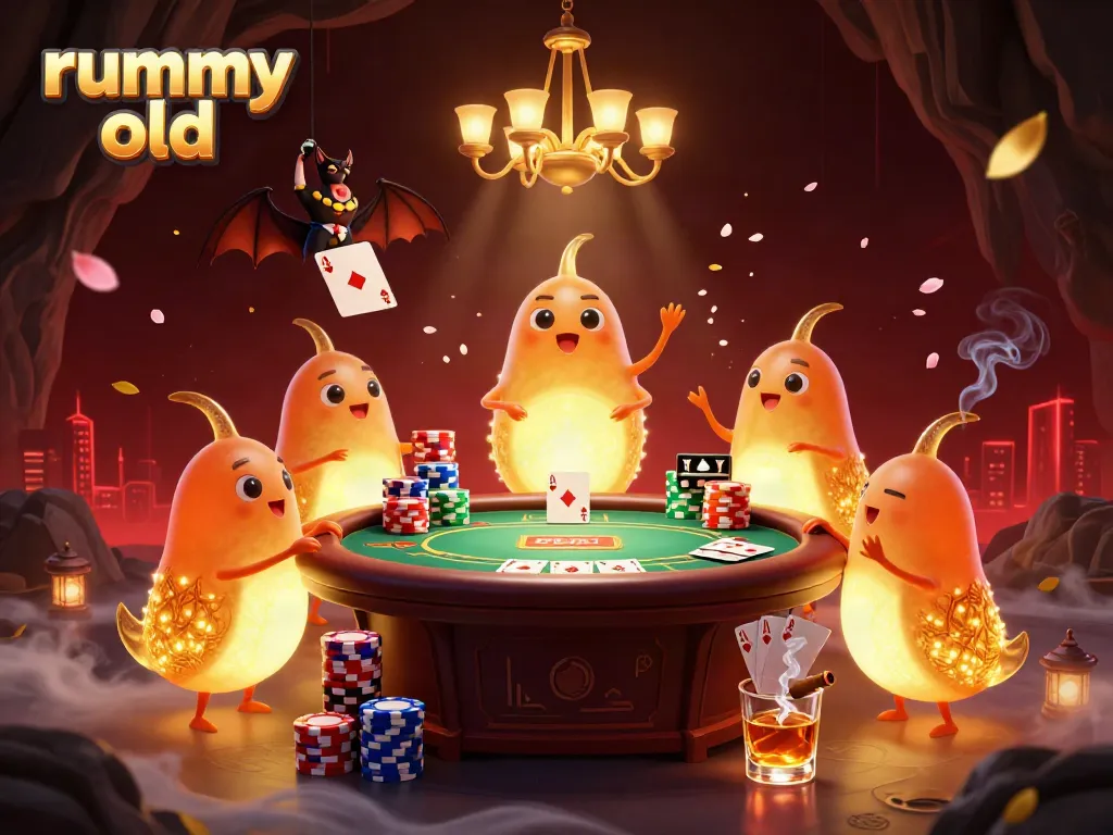Pemain rummy old menikmati permainan rummy di kasino dengan cahaya lampu unik dan suasana yang ceria.