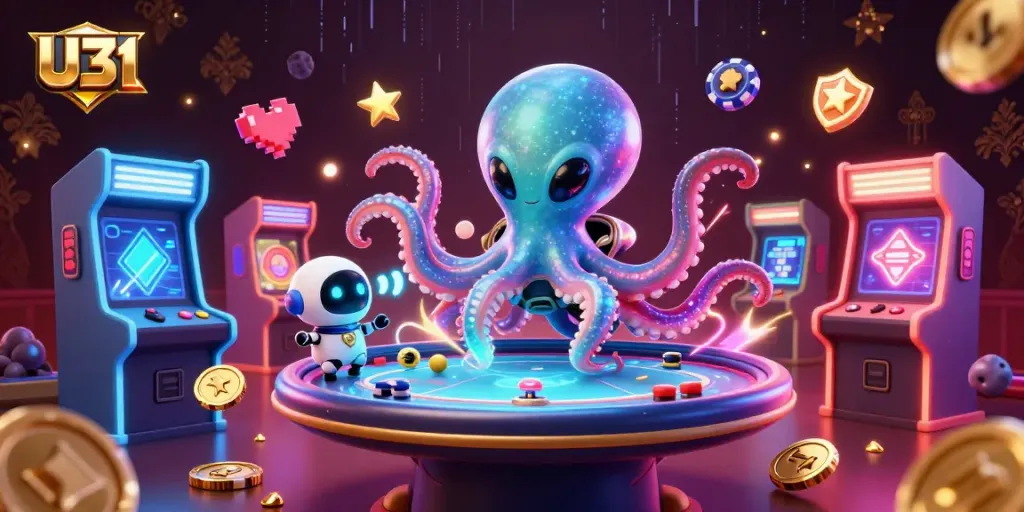 U31 alien octopus plays holographic poker among vibrant casino arcade elements.