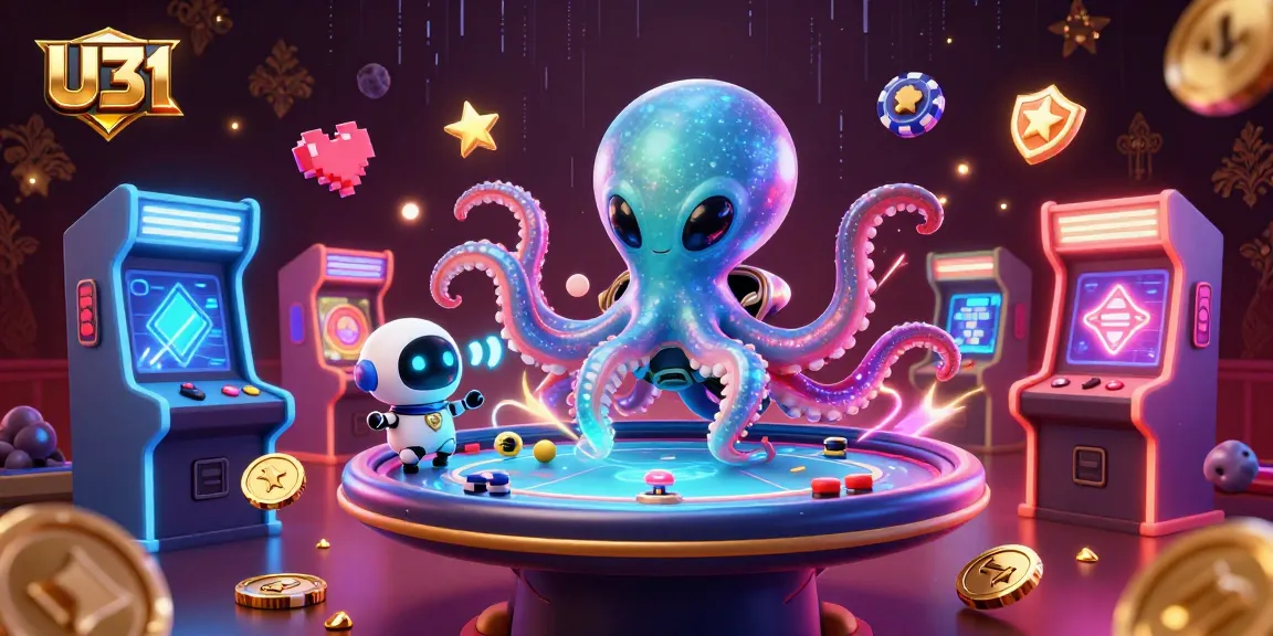 U31 alien octopus plays holographic poker among vibrant casino arcade elements.