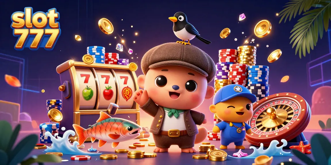 Slot 777 dimana koin emas dan permata bersinar terbang mengelilingi makhluk lucu dan mesin slot.