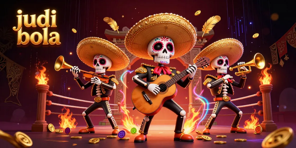 Experience judi bola excitement with a vibrant 3D illustration featuring mariachi skeletons and betting elements.