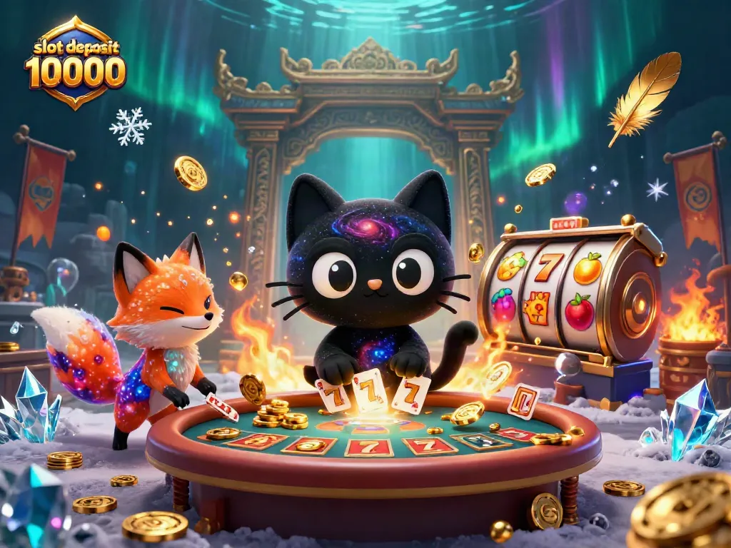 Experience the excitement of slot deposit 10000 with a cosmic cat and magical fox in a vibrant casino scene.