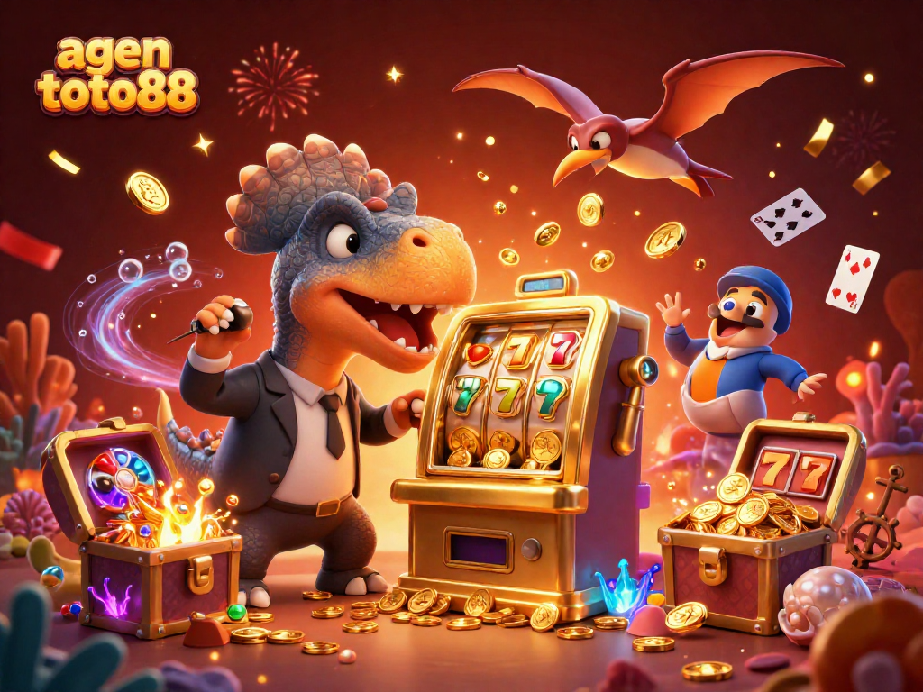 Experience excitement at agen toto88 with a pachycephalosaurus winning jackpots at a golden slot machine surrounded by casino riches.