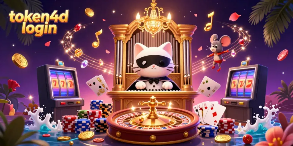 Mengakses login token4d dengan suasana kasino yang meriah dengan kucing putih dan mouse akrobat.