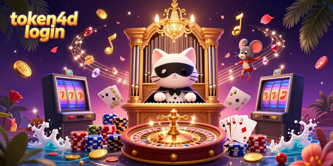 Mengakses login token4d dengan suasana kasino yang meriah dengan kucing putih dan mouse akrobat.