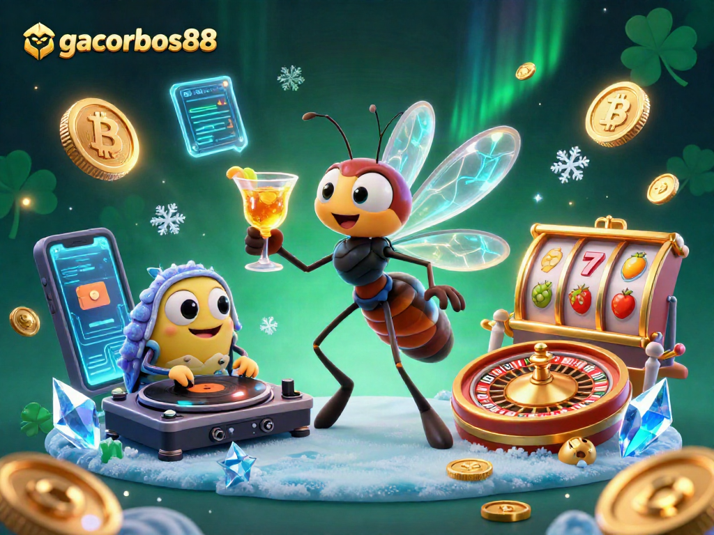 Spin the reels with gacorbos88, showcasing a vibrant scene of casino elements and crypto gaming excitement.