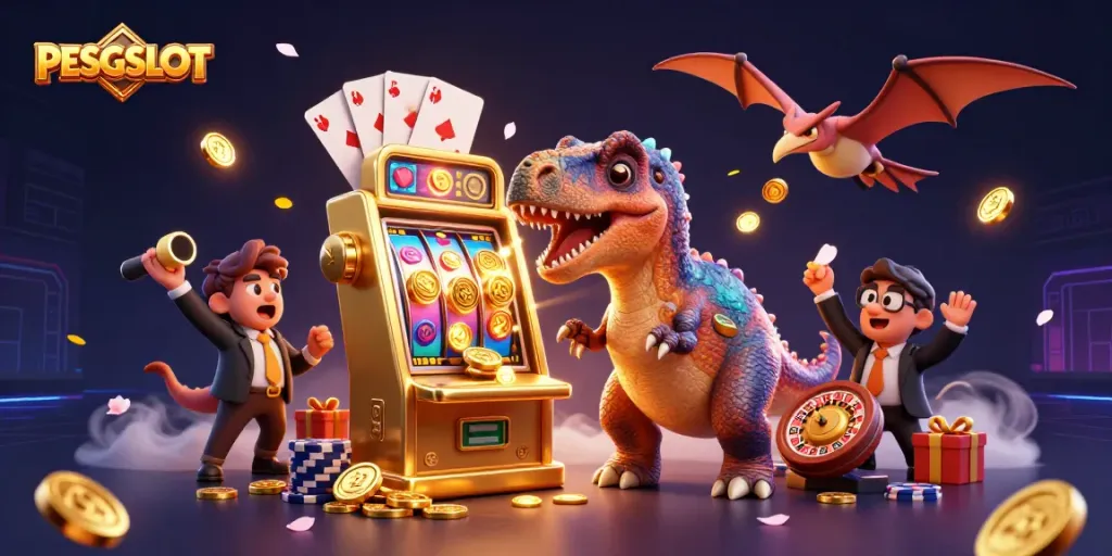 Gameplay PESGSLOT yang mengasyikkan saat jackpot dari mesin slot muncul dan koin berterbangan.