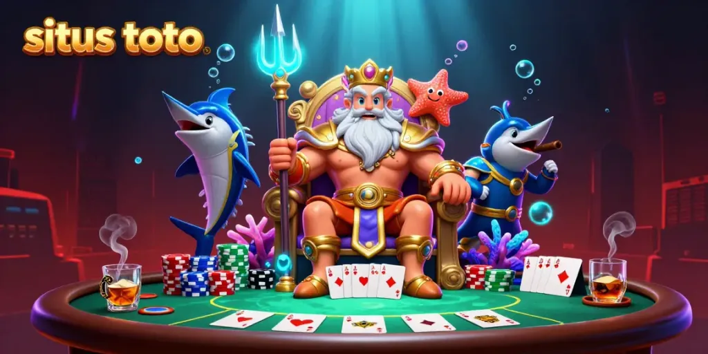 Engage with situs toto in a vibrant underwater 3D casino scene filled with colorful poker elements.
