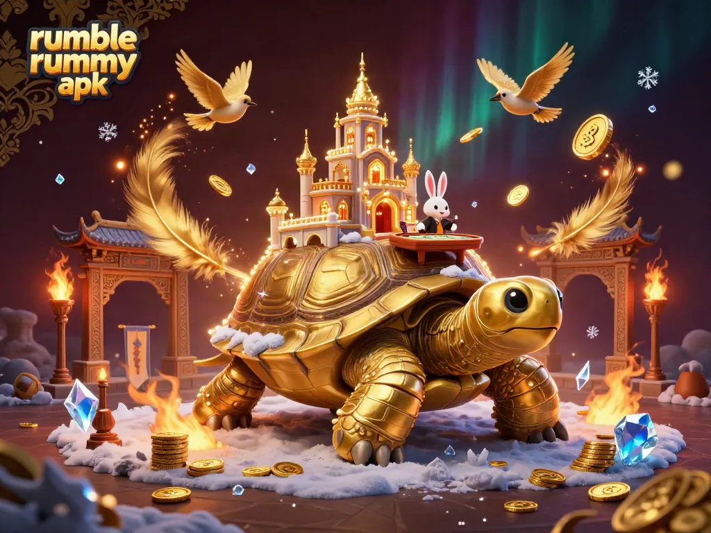 Experience the excitement of rumble rummy apk in a vibrant, dynamic casino-themed 3D illustration.