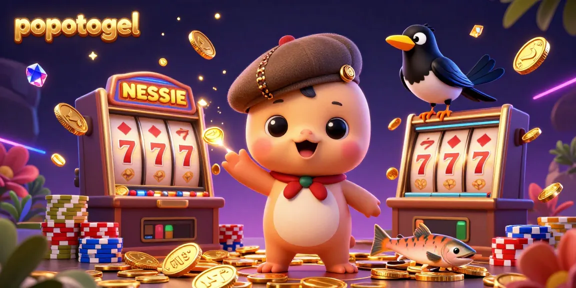Engage with popotogel's thrilling slots featuring playful characters amidst vibrant casino elements.