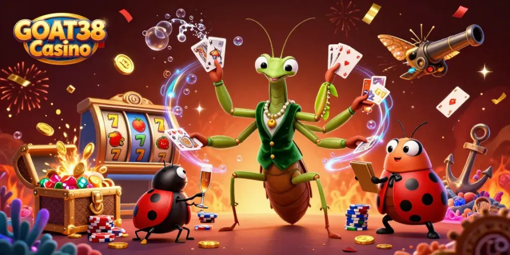 Engage in winning strategies at GOAT38 Casino with festive illustration of casino characters and rich gaming elements.