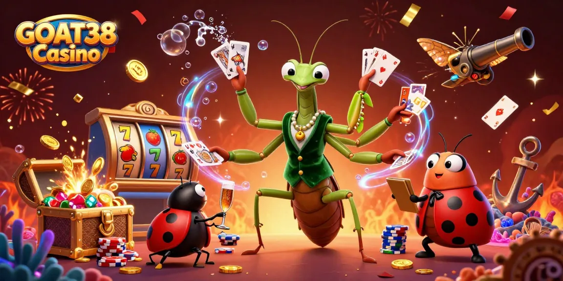 Engage in winning strategies at GOAT38 Casino with festive illustration of casino characters and rich gaming elements.
